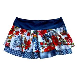 Y2K Lucky Brand Floral Gingham Print Ruffle Tiered Swim Skirt